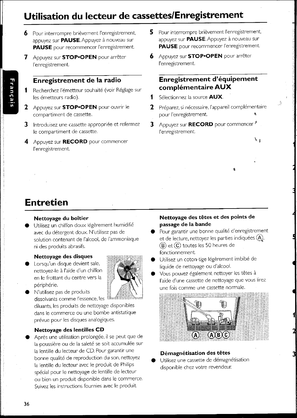 Enregistrement de ta radio, Enregistrement d’équipement complémentaire aux, Enregistrement de la radio | Enregistrement d’équipement, Complémentaire aux, Utilisation du lecteur de cassettes/enregistrement, Entretien | Philips MC10537 User Manual | Page 36 / 60