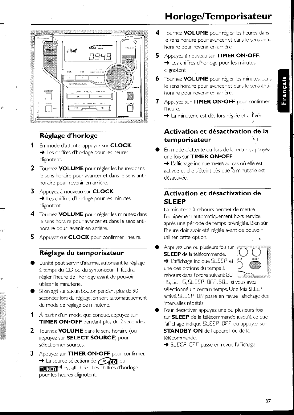 Réglage d’horloge, Réglage du temporisateur, Activation et désactivation de la temporisateur s | Activation et désactivation de sleep, Horloge/temporisateur, Hohoge/temporisateur | Philips MC10537 User Manual | Page 37 / 60