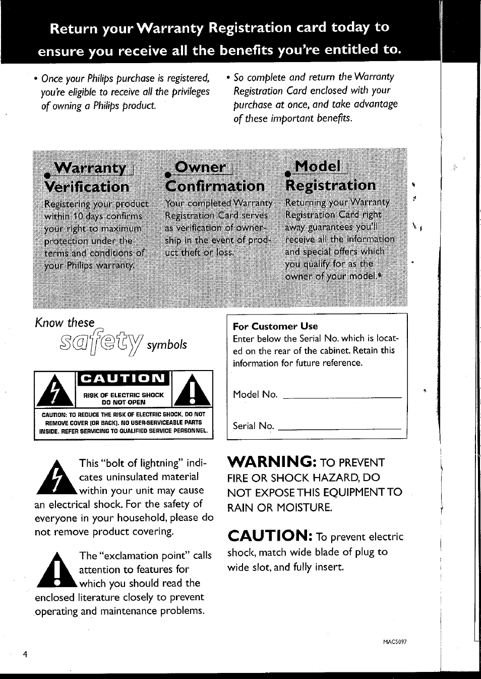 Warranty verification, Owner confirmation, Model registration | Warning, Caution | Philips MC10537 User Manual | Page 4 / 60