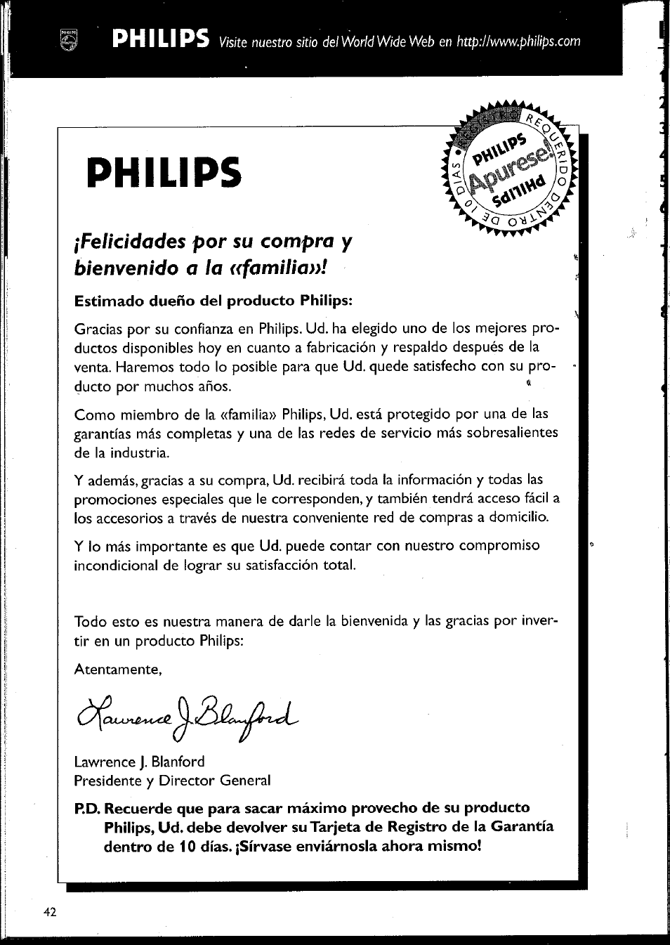 Philips, Estimado dueño del producto philips | Philips MC10537 User Manual | Page 42 / 60