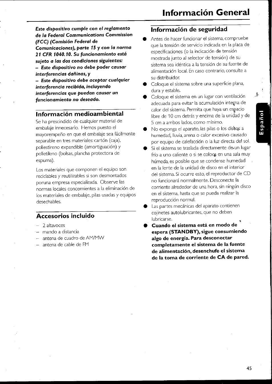 Información medioambiental, Accesorios incluido, Información de seguridad | Información general | Philips MC10537 User Manual | Page 45 / 60