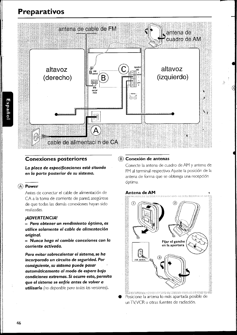 Conexiones posteriores, Conexiones posteriores -47, Preparativos | Philips MC10537 User Manual | Page 46 / 60