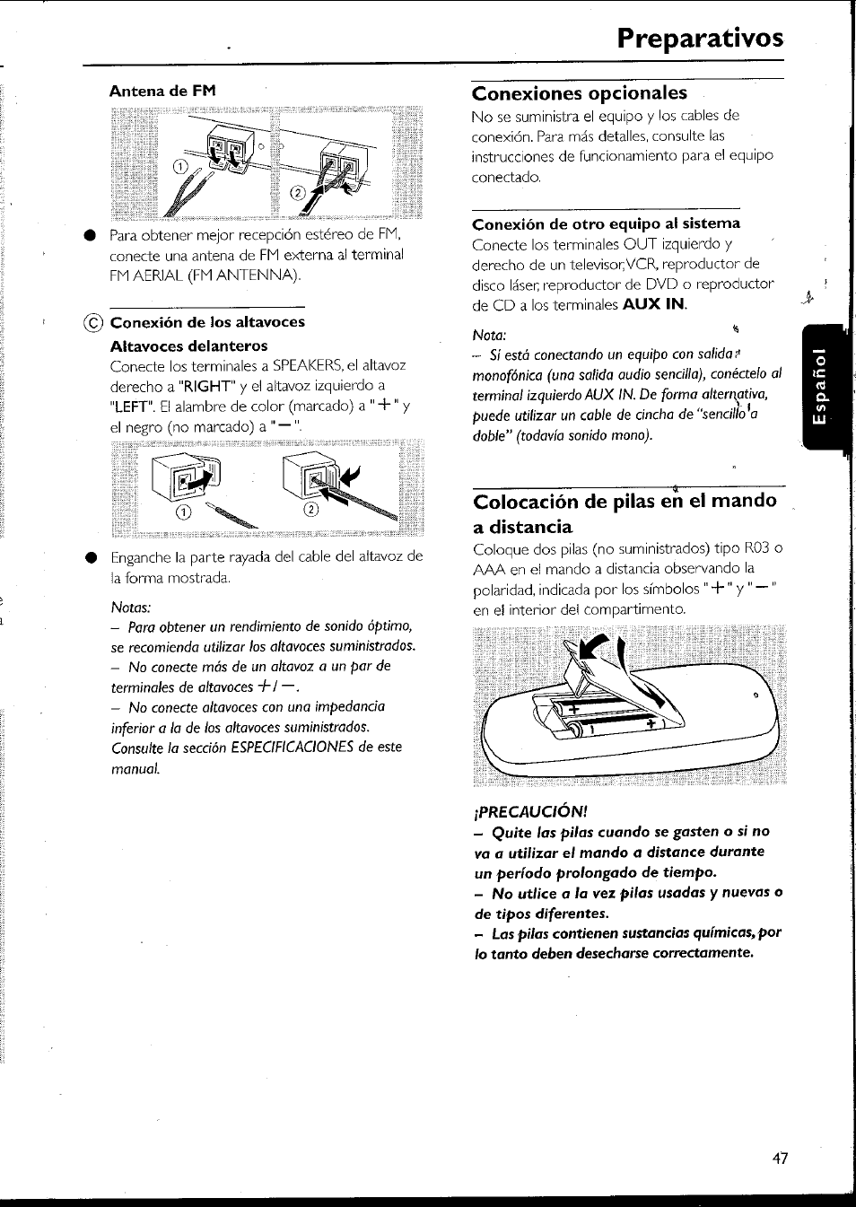 Conexiones opcionales, Colocación de pilas en el mando a distancia, Preparativos | Philips MC10537 User Manual | Page 47 / 60