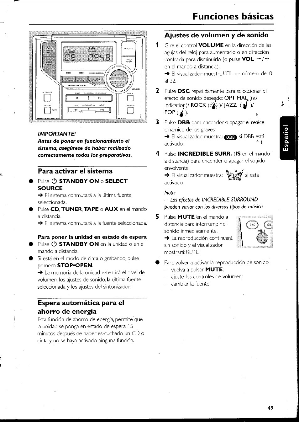 Para activar el sistema, Para poner la unidad en estado de espera, Ajustes de volumen y de sonido | Espera automática para el ahorro de energía, Funciones básicas | Philips MC10537 User Manual | Page 49 / 60