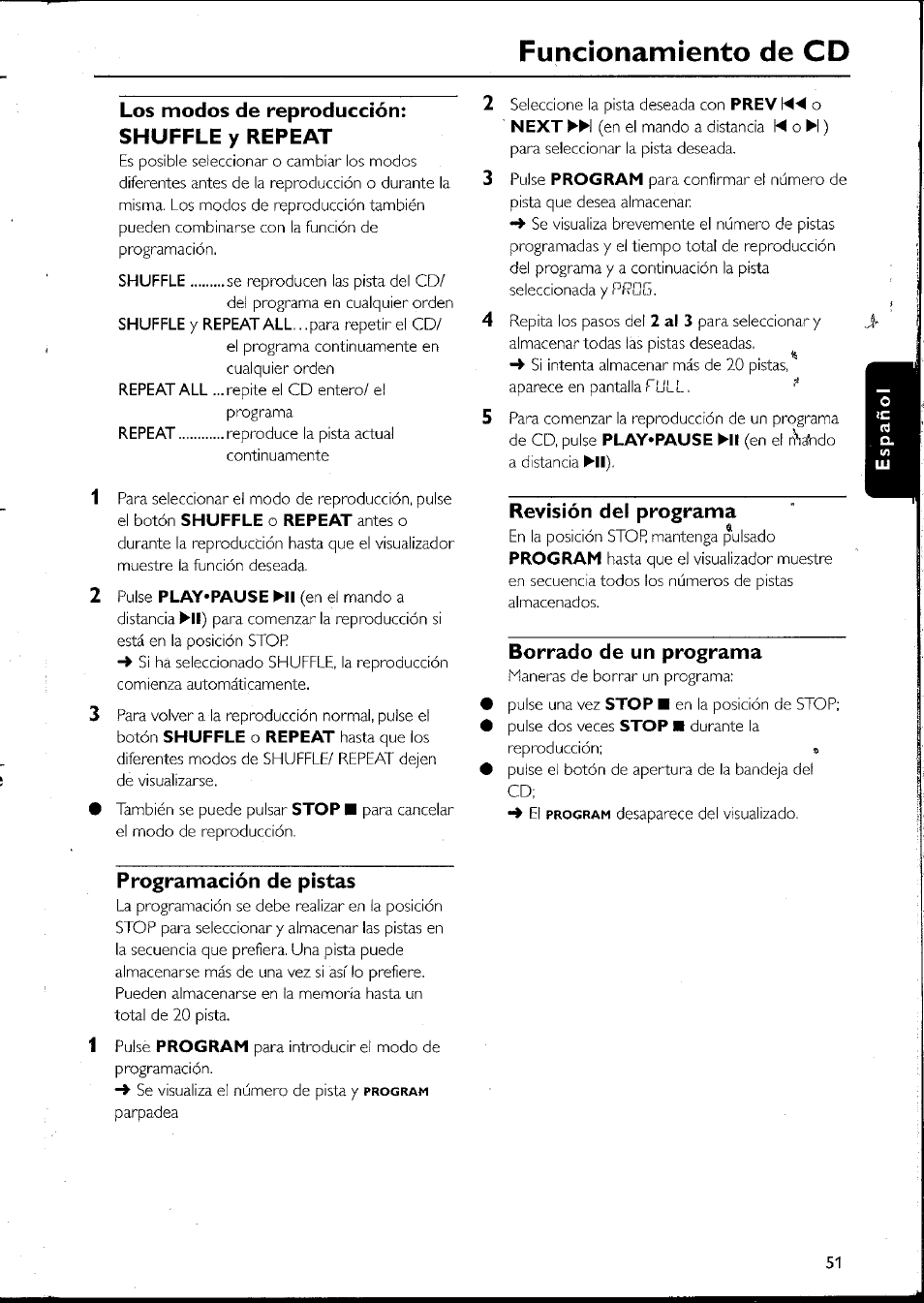 Los modos de reproducción: shuffle y repeat, Revisión del programa, Borrado de un programa | Programación de pistas, Funcionamiento de cd | Philips MC10537 User Manual | Page 51 / 60