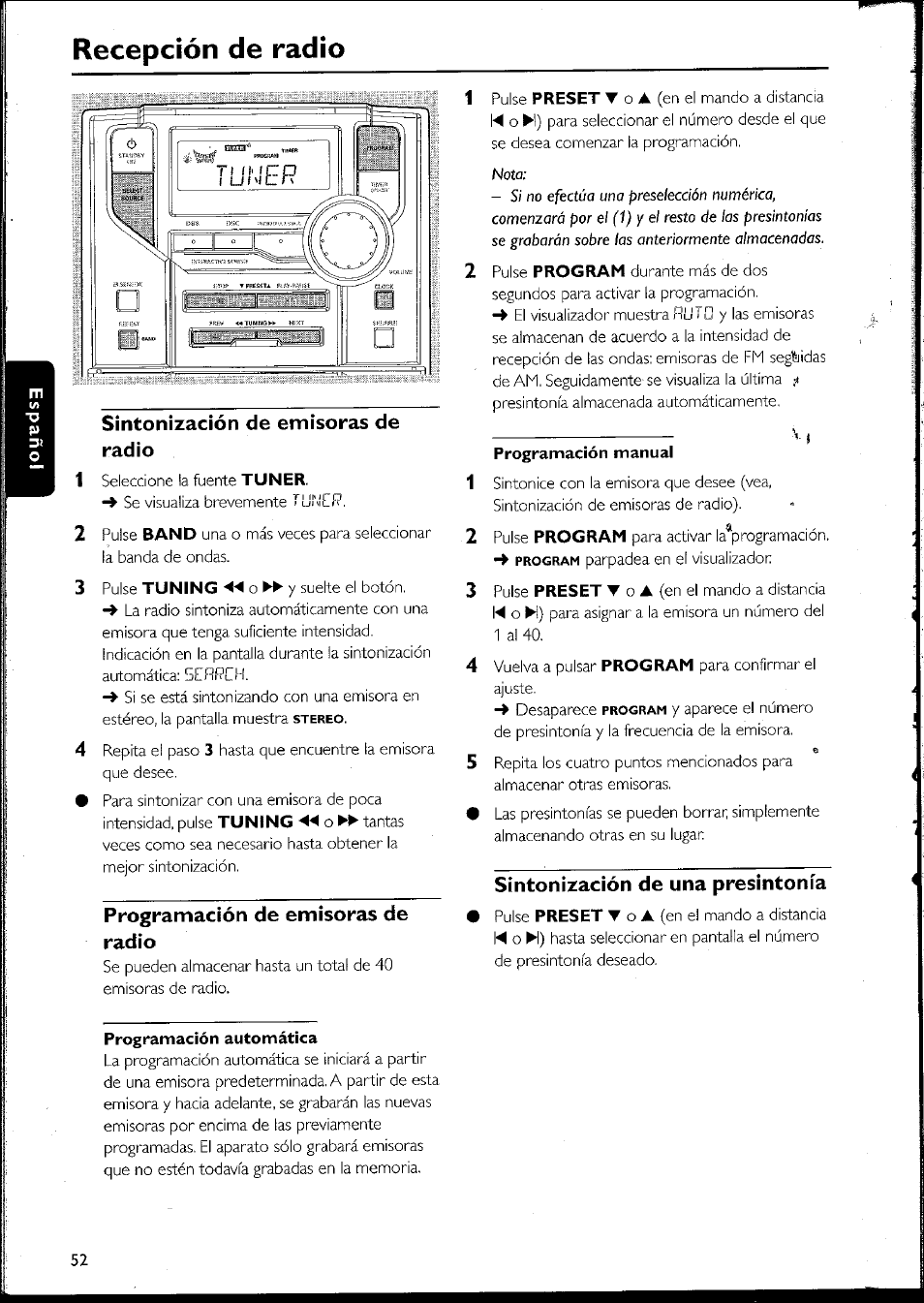 Sintonización de emisoras de radio, Programación de emisoras de radio, Programación manual | Sintonización de una presintonía, Programación automática, Recepción de radío | Philips MC10537 User Manual | Page 52 / 60