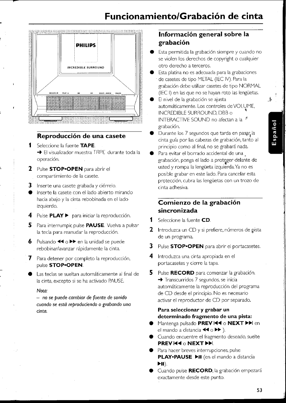 Reproducción de una casete, Información general sobre la grabación, Comienzo de la grabación sincronizada | Prev o next, Funcìonamiento/grabación de cinta | Philips MC10537 User Manual | Page 53 / 60
