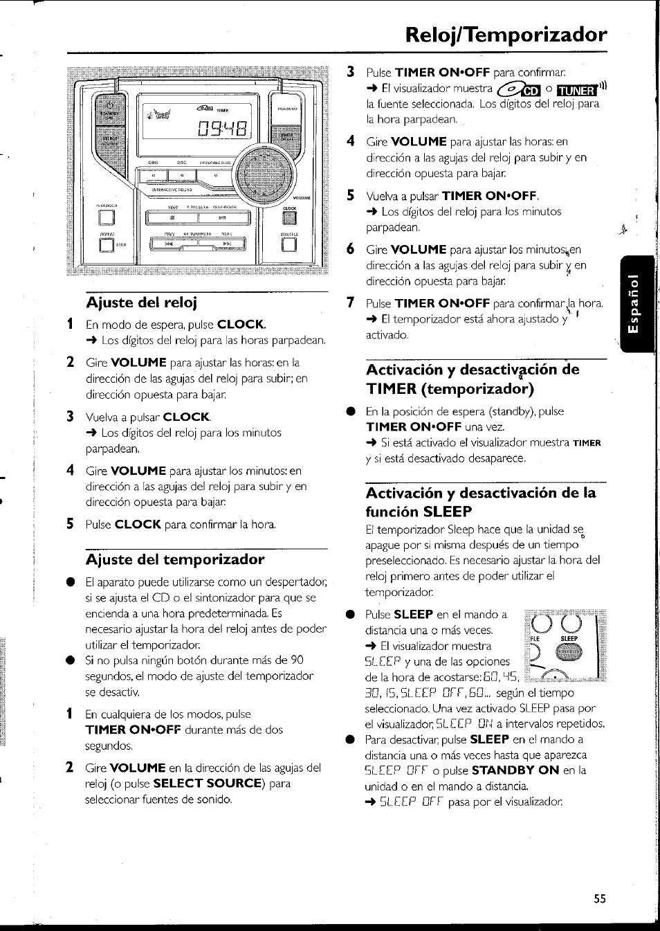 Ajuste del reloj, Ajuste del temporizador, Activación y desactivación de la función sleep | Activación y desactivación de la función, Sleep, Reloj/temporizador | Philips MC10537 User Manual | Page 55 / 60