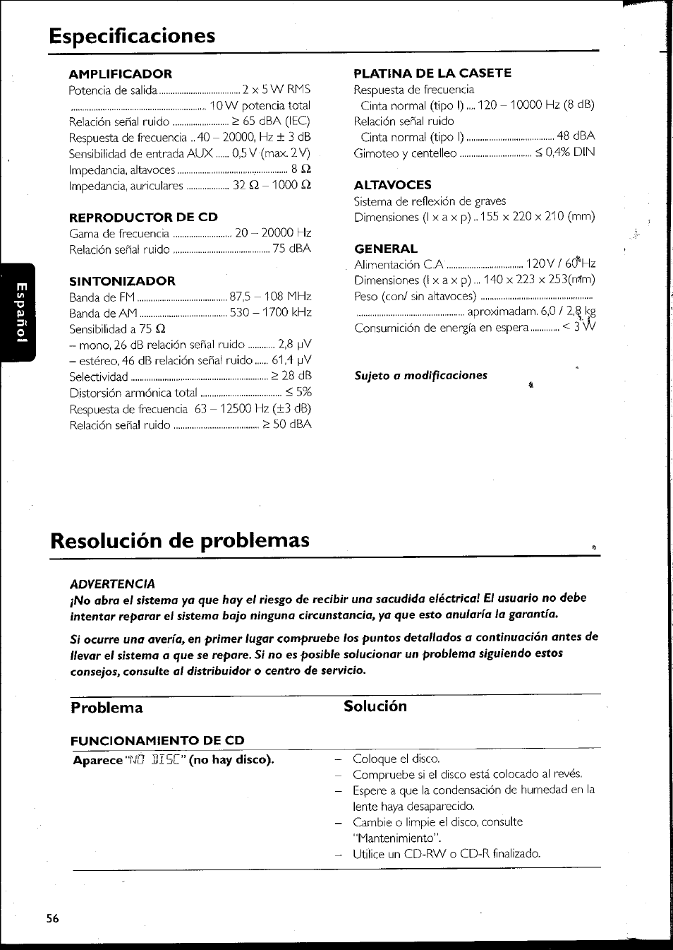 Amplificador, Reproductor de cd, Sintonizador | Platina de la casete, Altavoces, General, Problema, Funcionamiento de cd, Aparece, Resolución de problemas | Philips MC10537 User Manual | Page 56 / 60