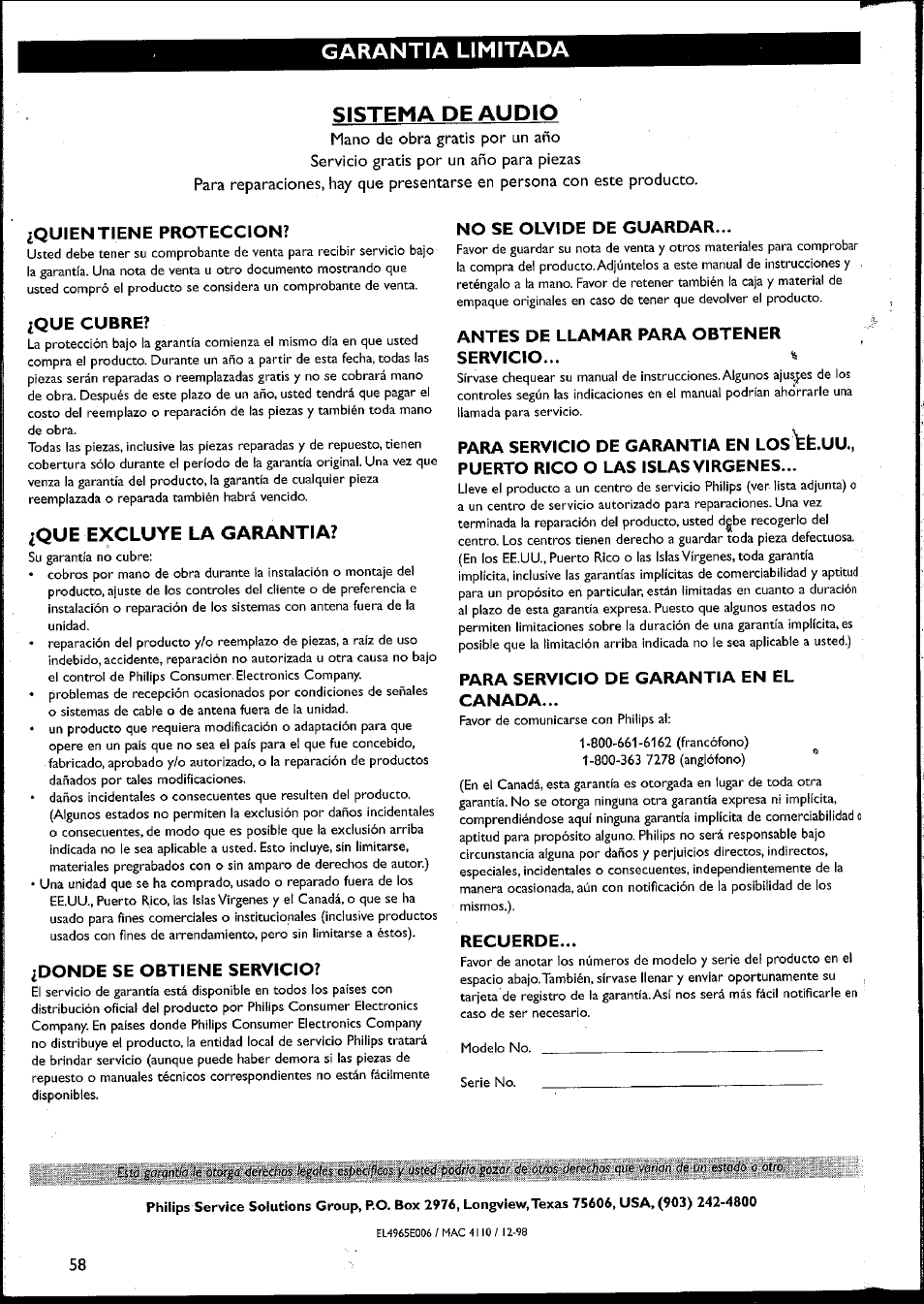 Garantia limitada, Sistema de audio, Íque excluye la garantia | Garantia limitada sistema de audio | Philips MC10537 User Manual | Page 58 / 60