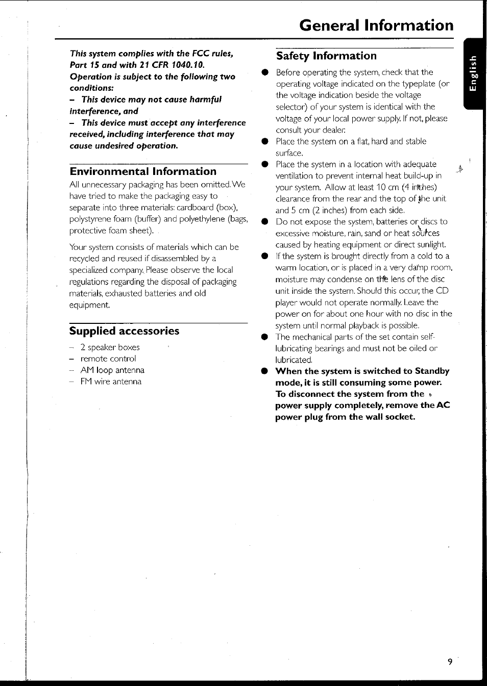 Environmental information, Supplied accessories, Safety information | Suppiied accessories, General information | Philips MC10537 User Manual | Page 9 / 60