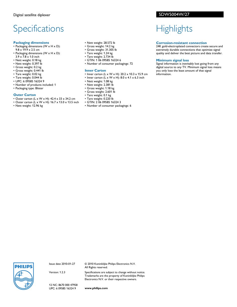 Specifications, Highlights | Philips SDW5004W-27 User Manual | Page 2 / 2