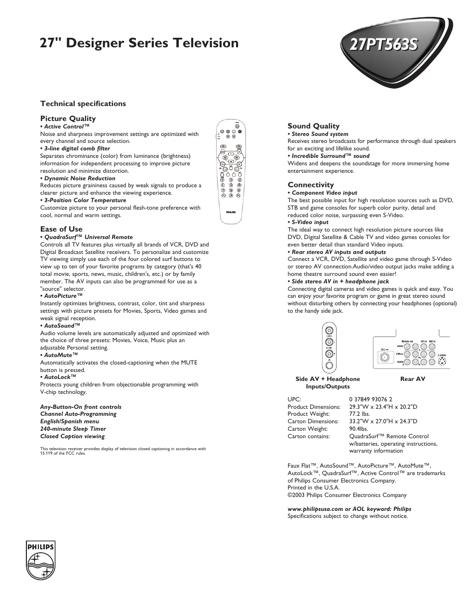 27" designer series television | Philips 27PT563S User Manual | Page 2 / 2