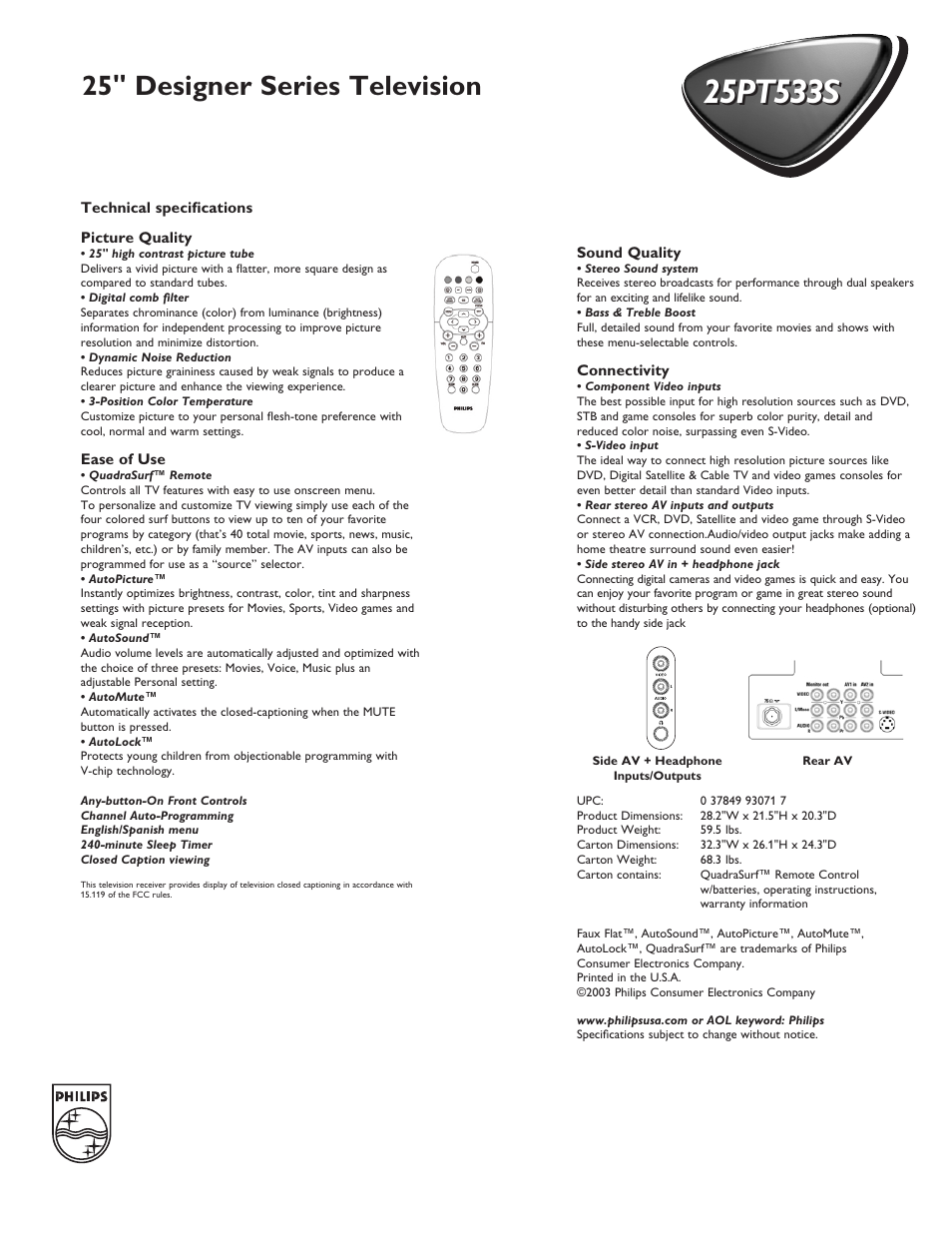 25" designer series television | Philips 25PT533S User Manual | Page 2 / 2