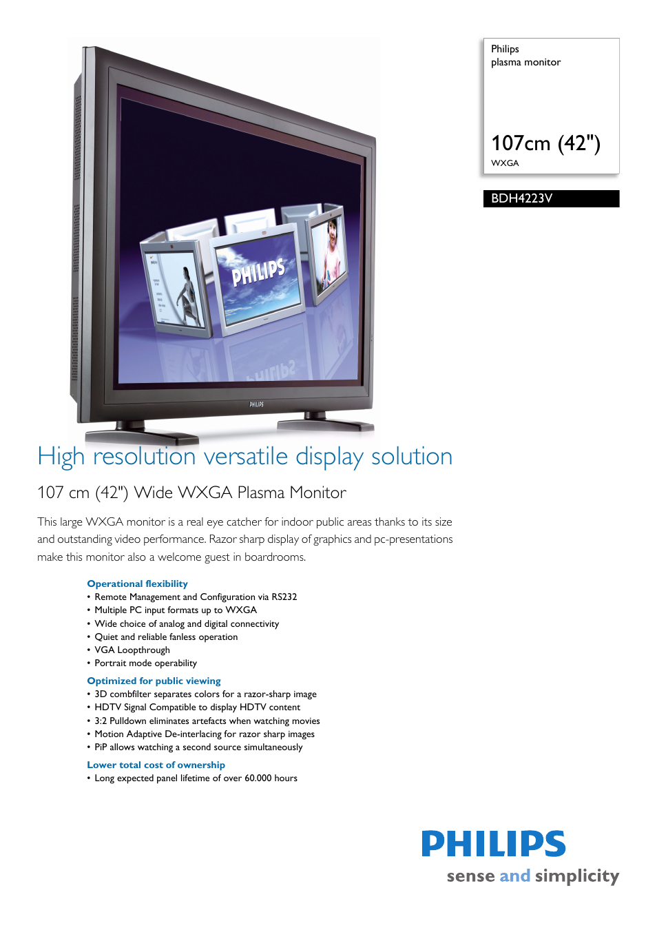 Philips plasma monitor BDH4223V 107cm 42" WXGA User Manual | 3 pages