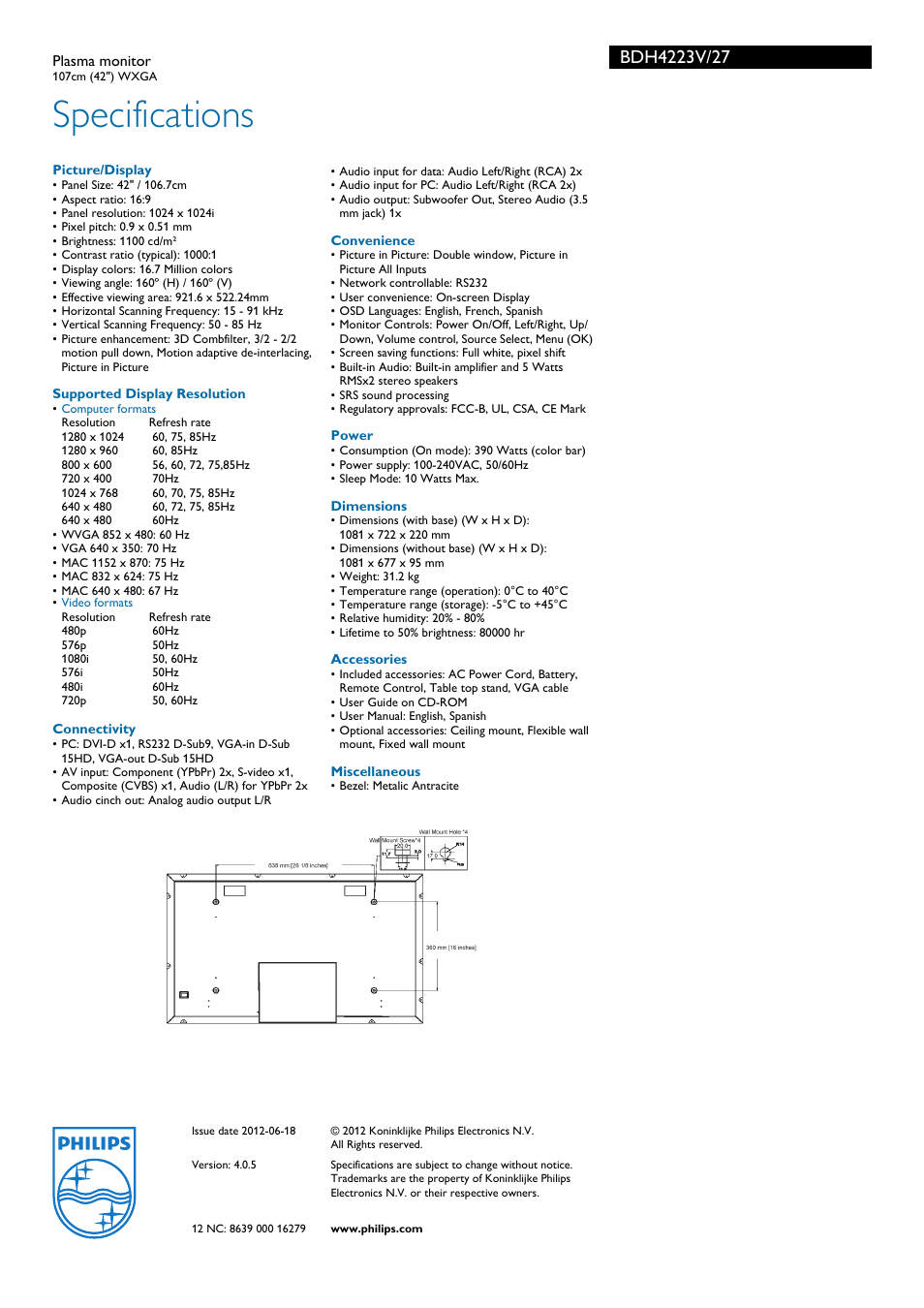 Specifications | Philips plasma monitor BDH4223V 107cm 42" WXGA User Manual | Page 3 / 3