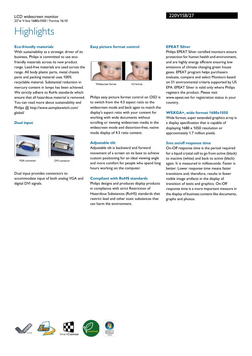 Highlights | Philips 220V1SB-27 User Manual | Page 2 / 3