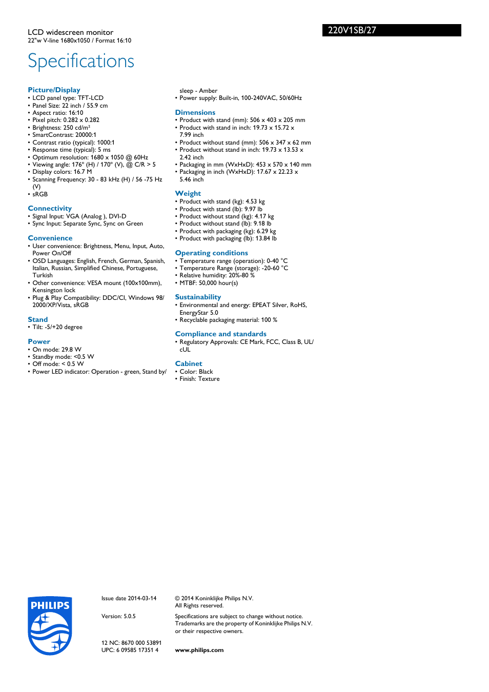 Specifications | Philips 220V1SB-27 User Manual | Page 3 / 3