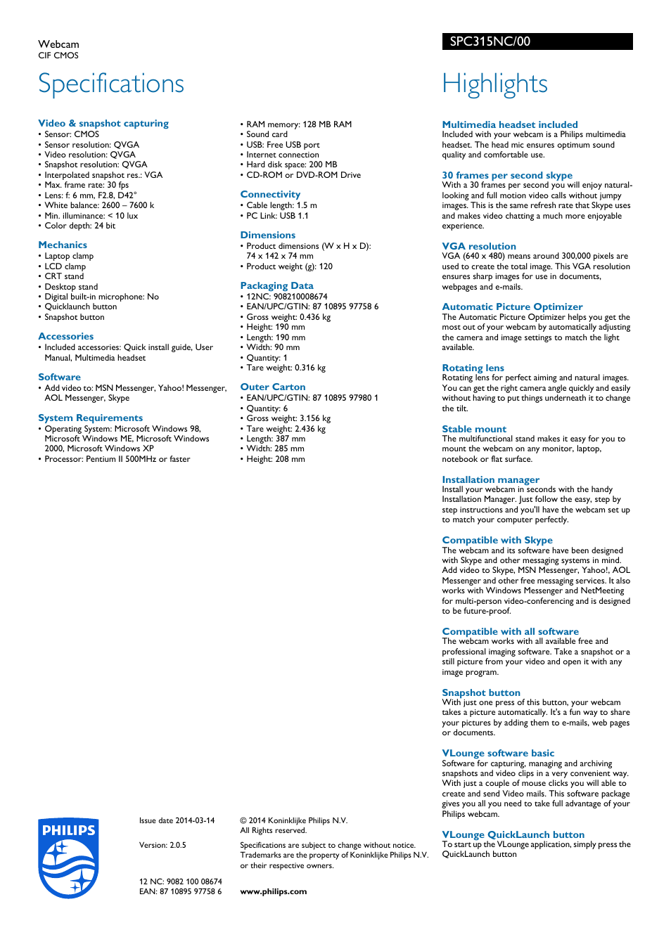 Specifications, Highlights | Philips SPC315NC-00 User Manual | Page 2 / 2