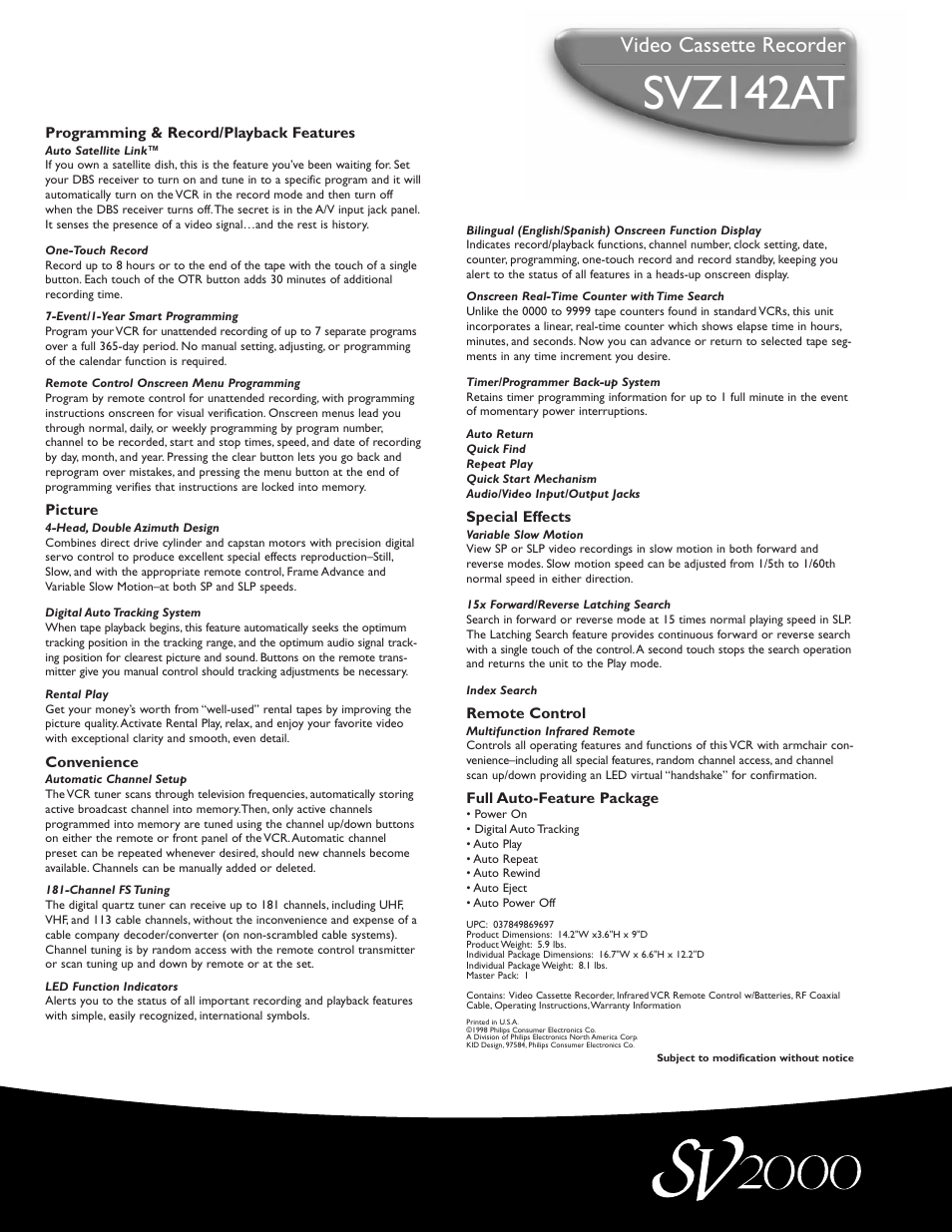 Svz142at, Video cassette recorder | Philips SVZ142AT User Manual | Page 2 / 2