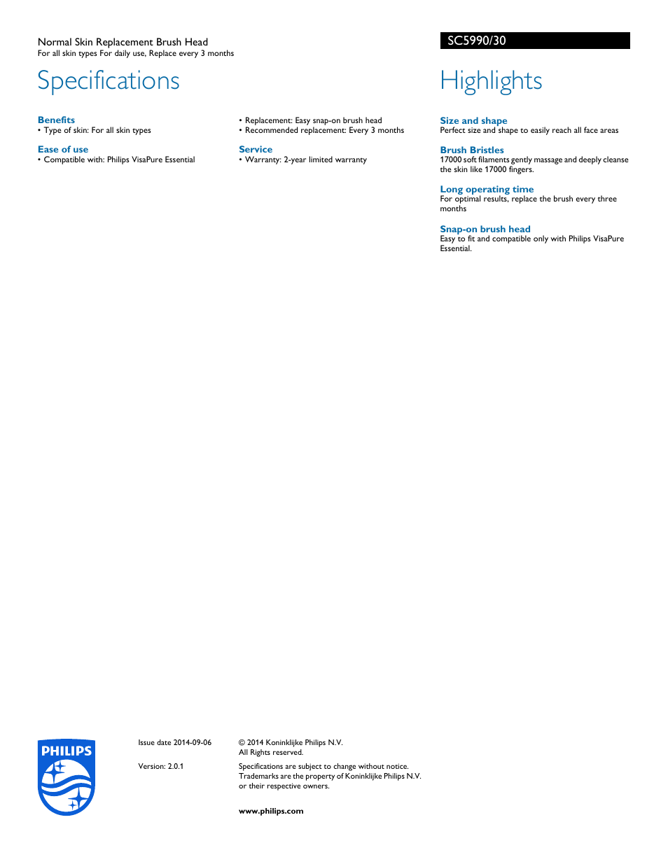 Specifications, Highlights | Philips SC5990-30 User Manual | Page 2 / 2