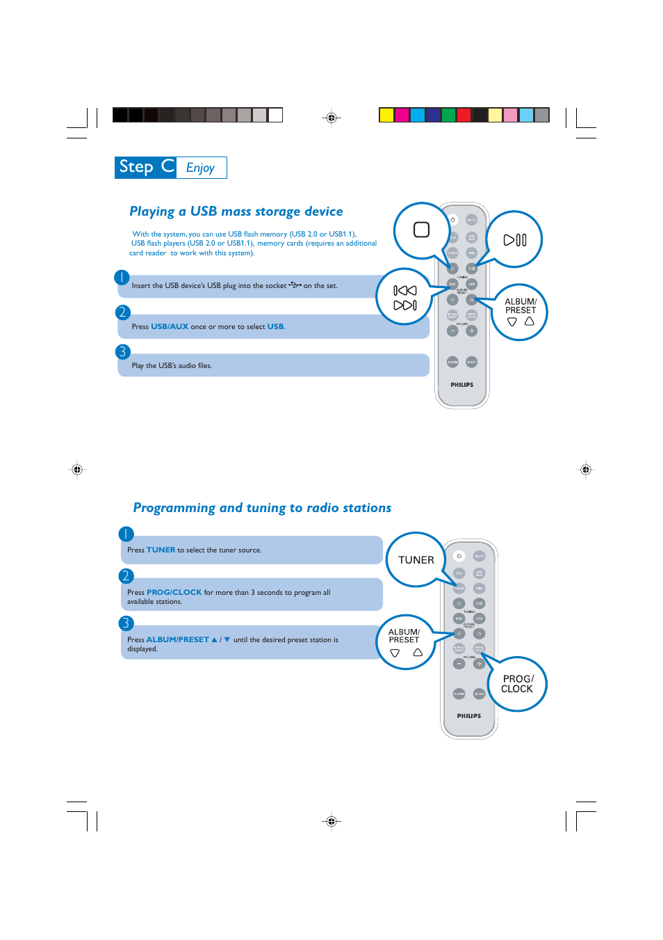 Playing a usb mass storage device, Programming and tuning to radio stations 1 2 3, Enjoy | Philips USB Direct docking entertainment system User Manual | Page 3 / 4