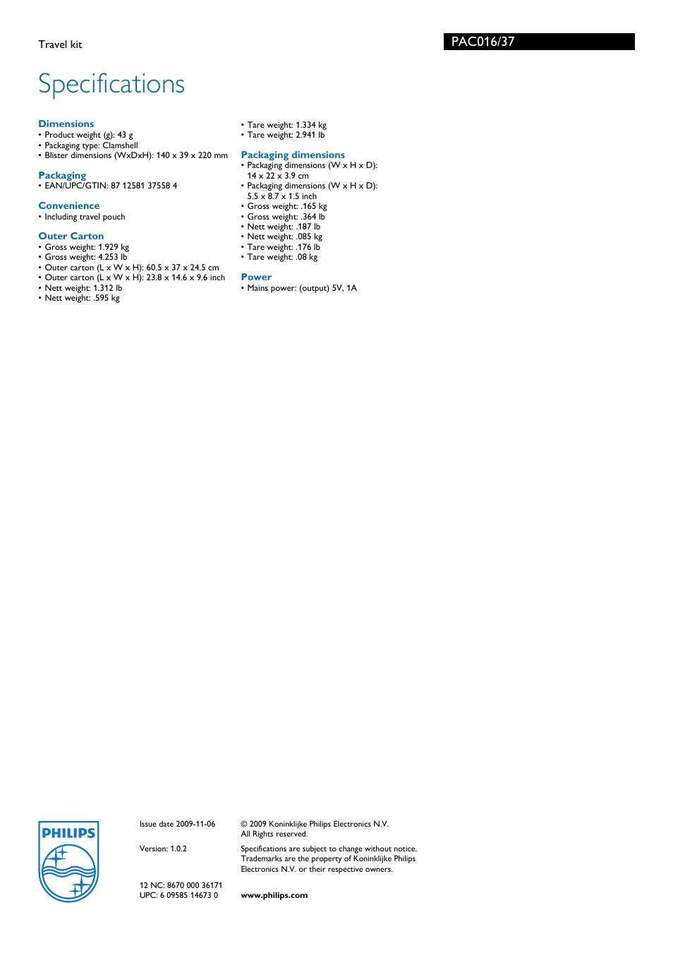 Specifications | Philips PAC016-37 User Manual | Page 2 / 2