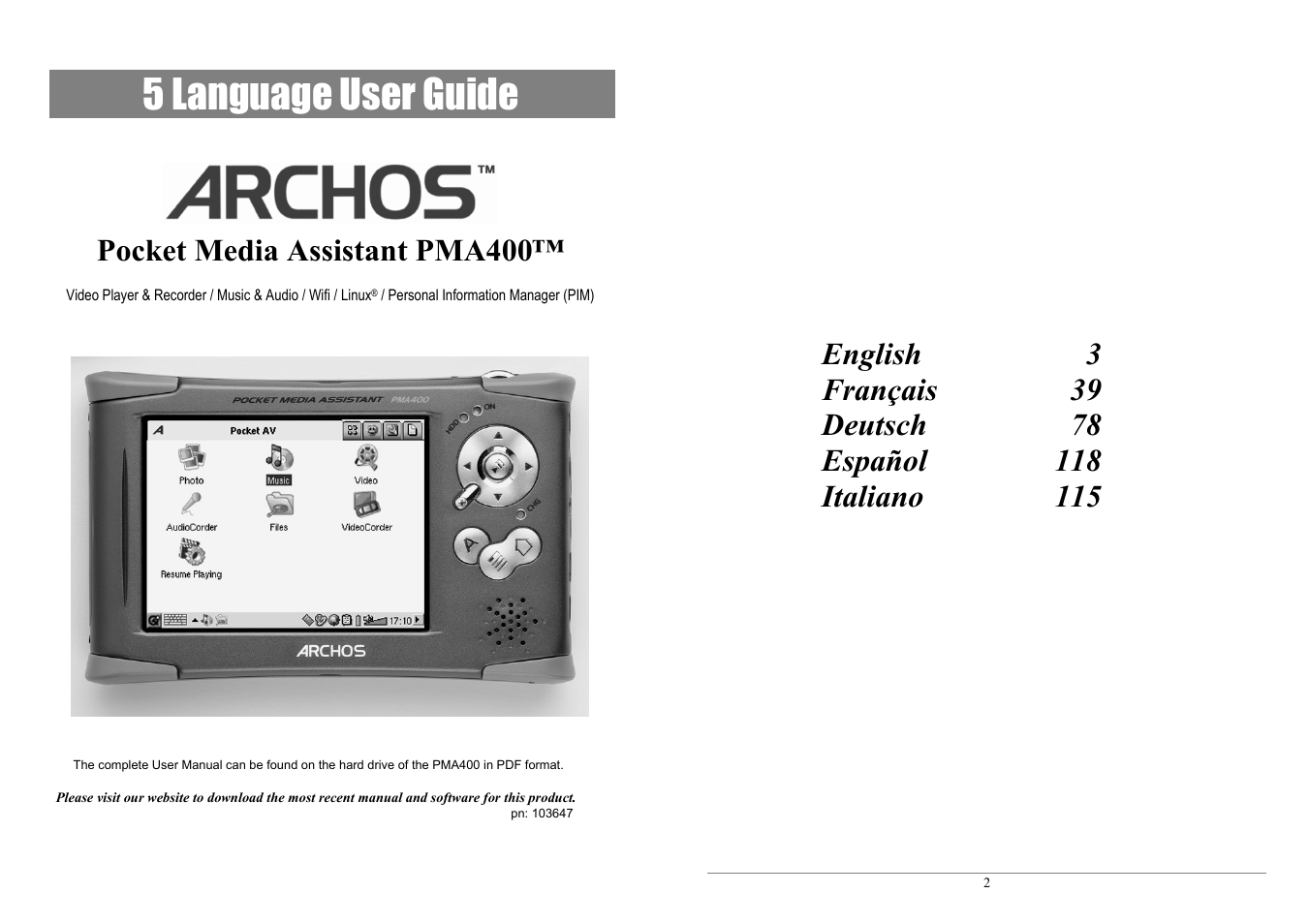 ARCHOS PMA400TM User Manual | 96 pages