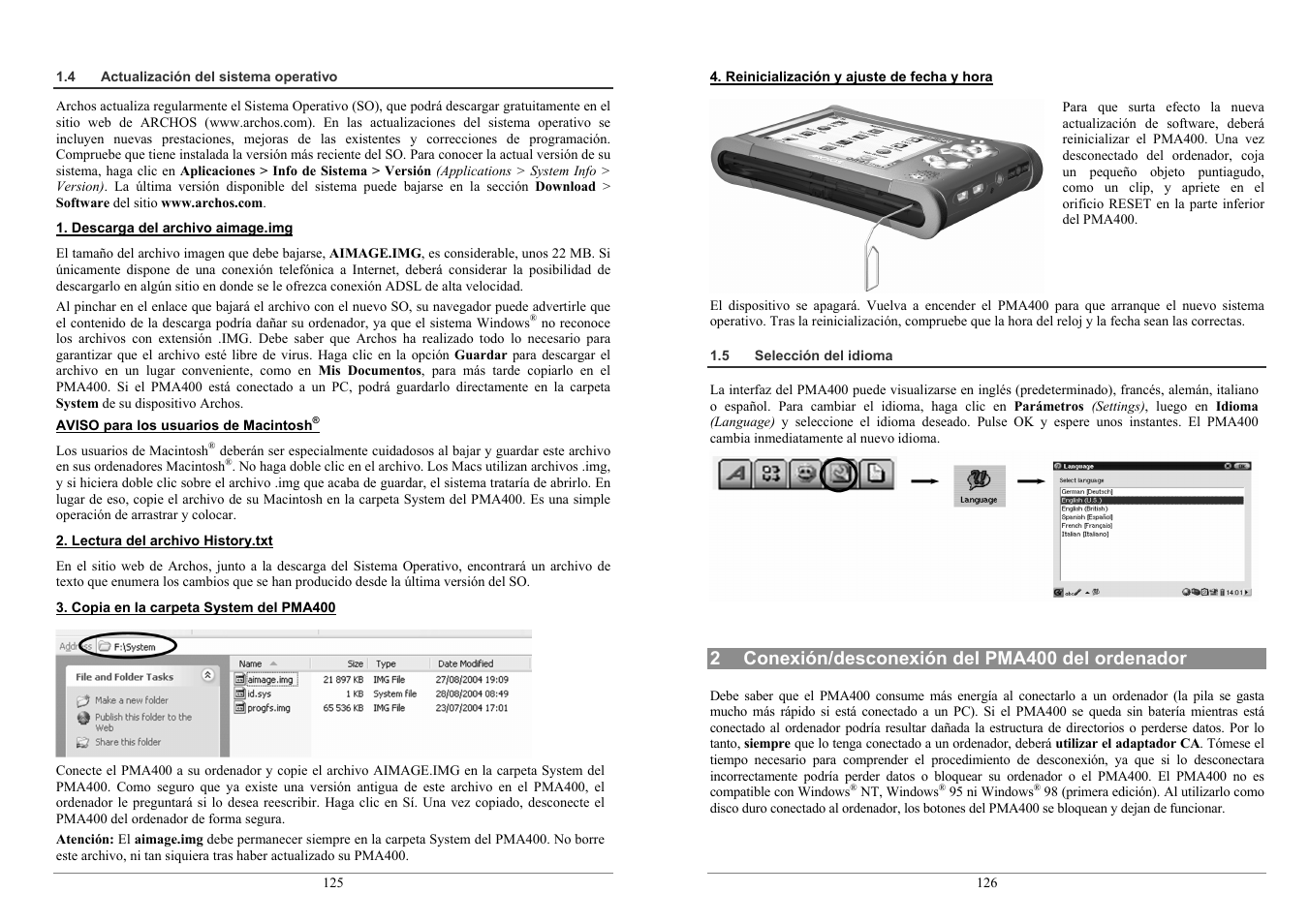 2 conexión/desconexión del pma400 del ordenador | ARCHOS PMA400TM User Manual | Page 63 / 96
