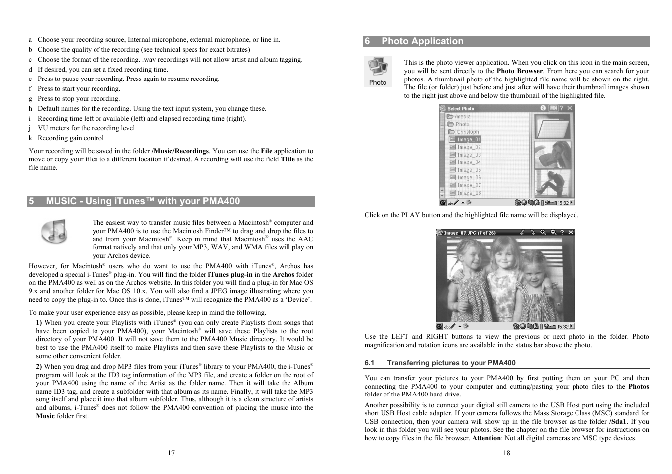 5 music - using itunes™ with your pma400, 6 photo application | ARCHOS PMA400TM User Manual | Page 9 / 96