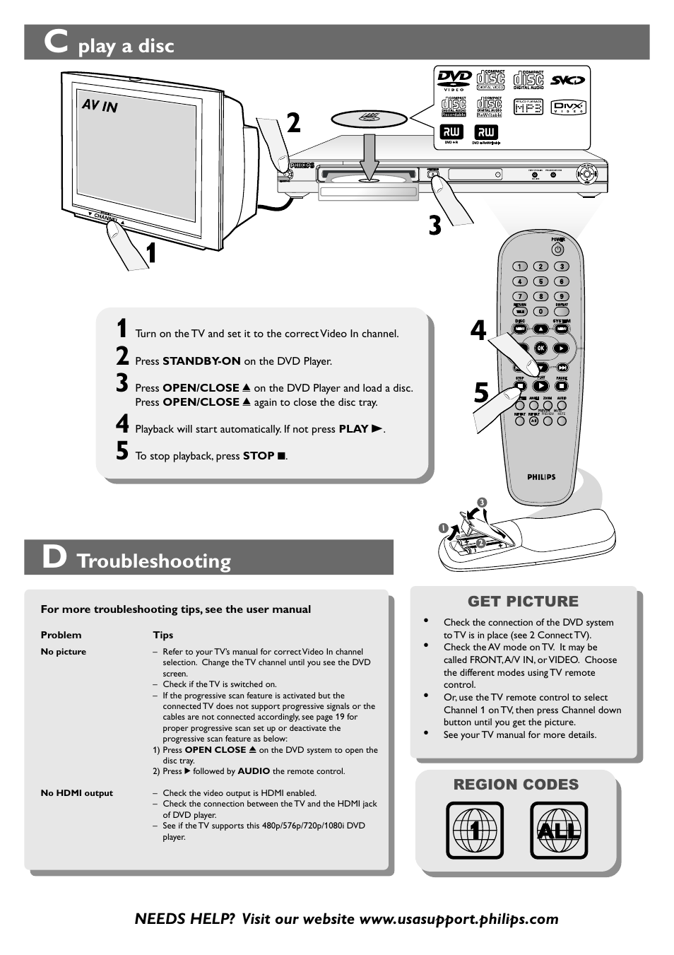 Troubleshooting, Play a disc | Philips DVP5900-37B User Manual | Page 2 / 2