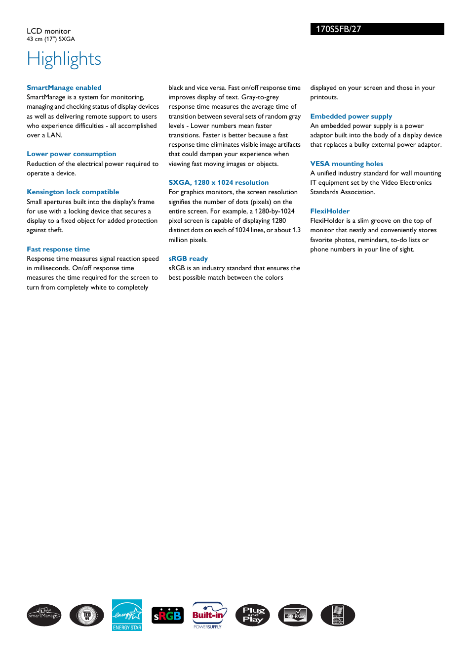 Highlights | Philips 170S5FB-27 User Manual | Page 2 / 3