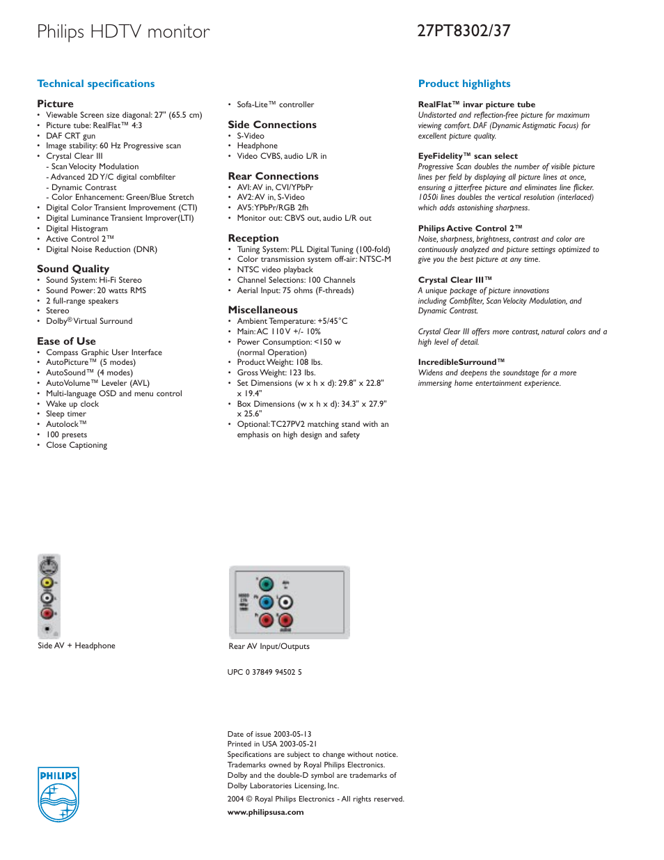 Philips hdtv monitor | Philips 27PT8302-37B User Manual | Page 2 / 2