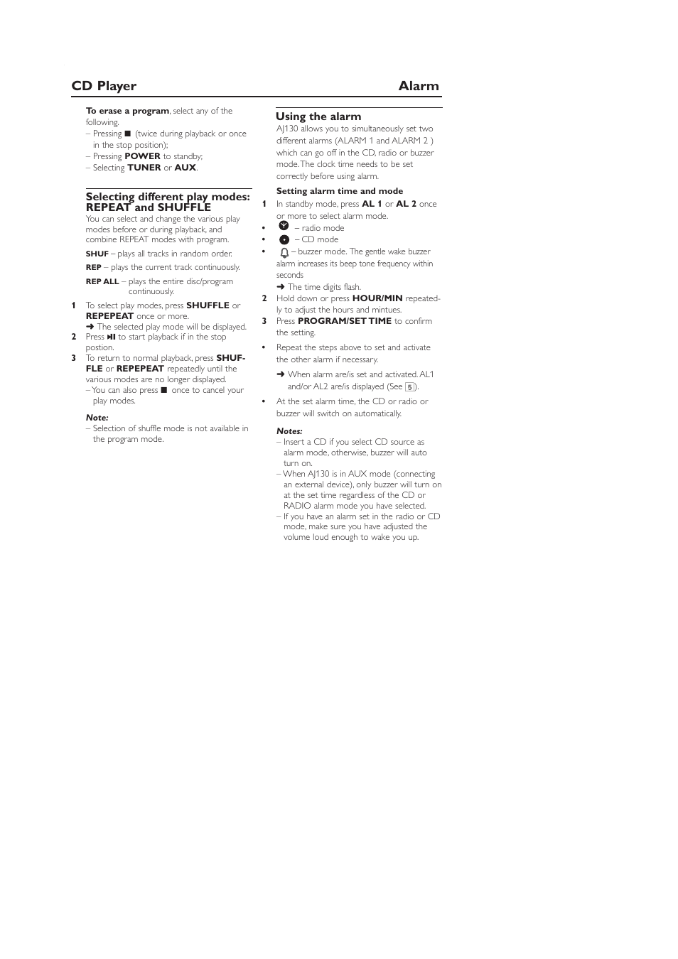 Cd player alarm, Selecting different play modes: repeat and shuffle, Using the alarm | Avis | Philips AJ130B-37B User Manual | Page 11 / 15