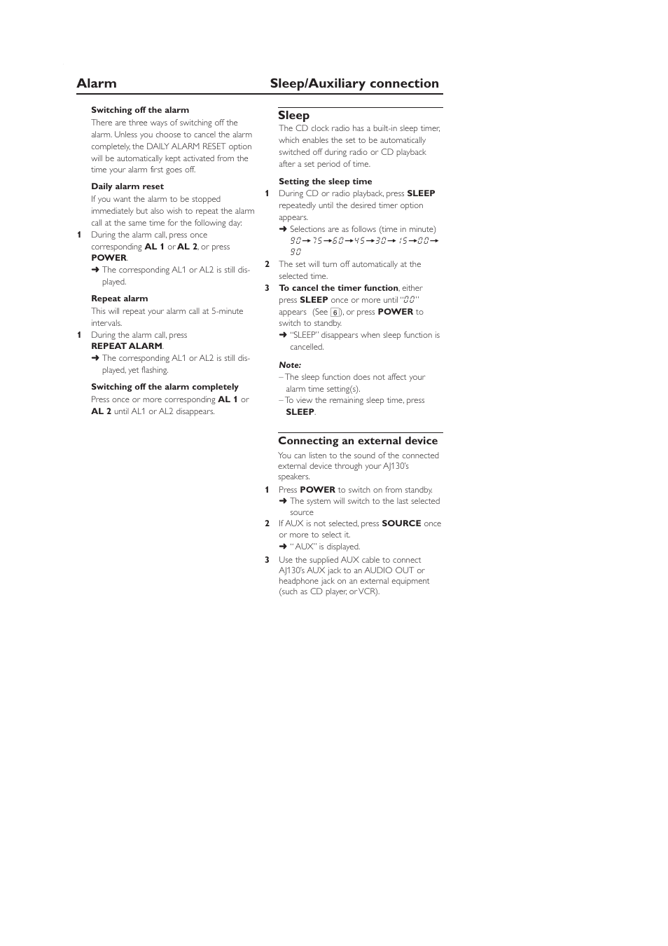 Alarm sleep/auxiliary connection, Sleep | Philips AJ130B-37B User Manual | Page 12 / 15