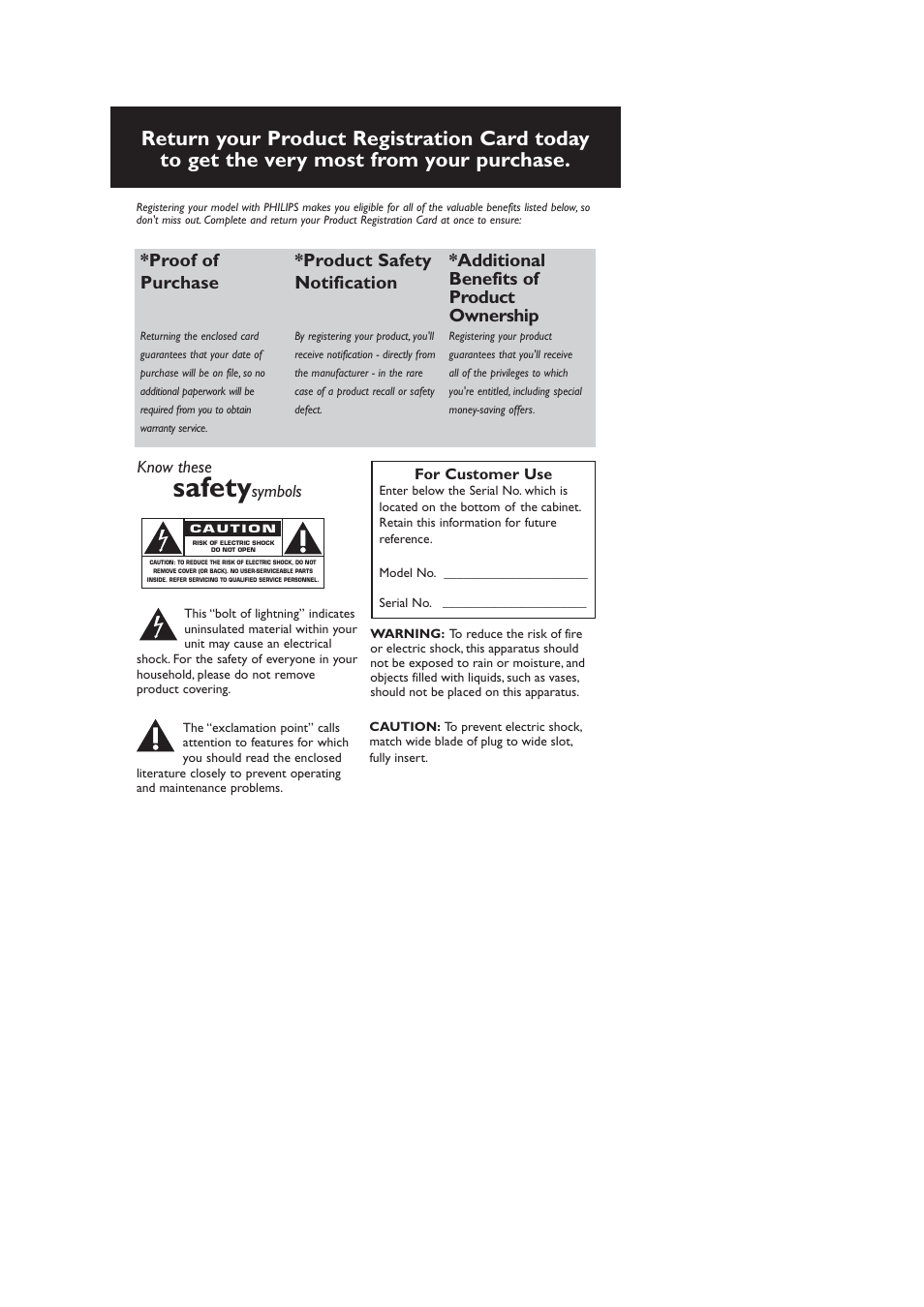 Safety, Proof of purchase, Product safety notification | Additional benefits of product ownership, Know these, Symbols | Philips AJ130B-37B User Manual | Page 2 / 15