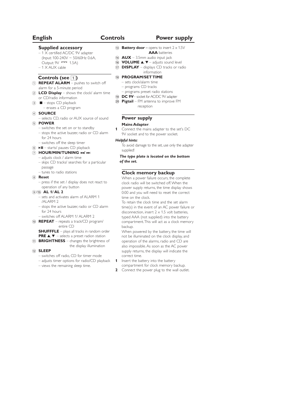 English controls power supply | Philips AJ130B-37B User Manual | Page 8 / 15