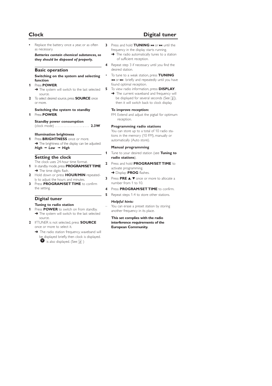 Clock digital tuner, Basic operation, Setting the clock | Digital tuner, Avis | Philips AJ130B-37B User Manual | Page 9 / 15