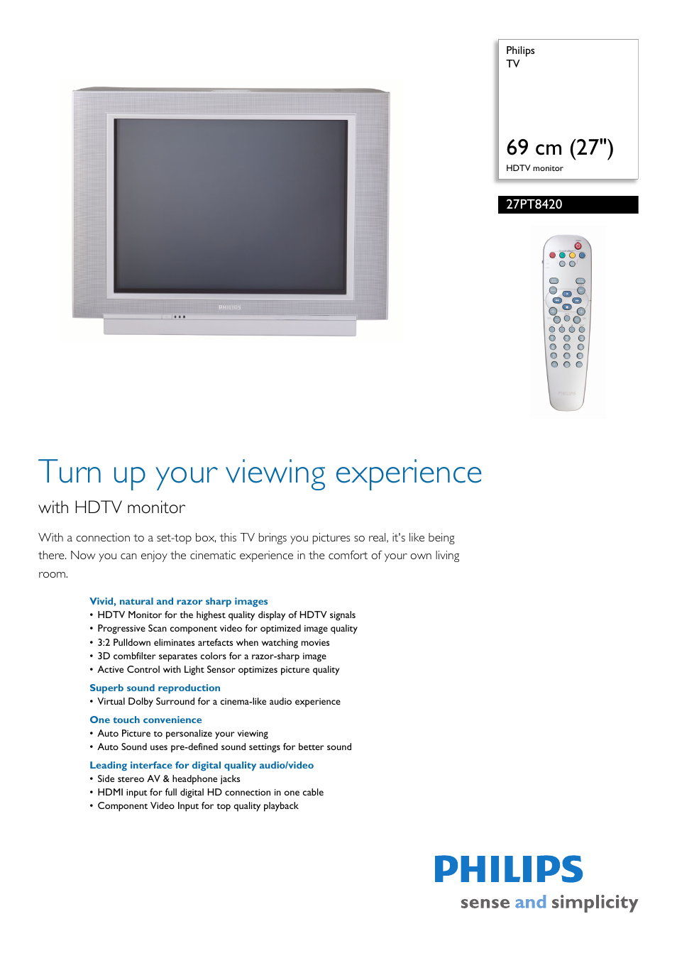 Philips 27" HDTV monitor TV User Manual | 3 pages
