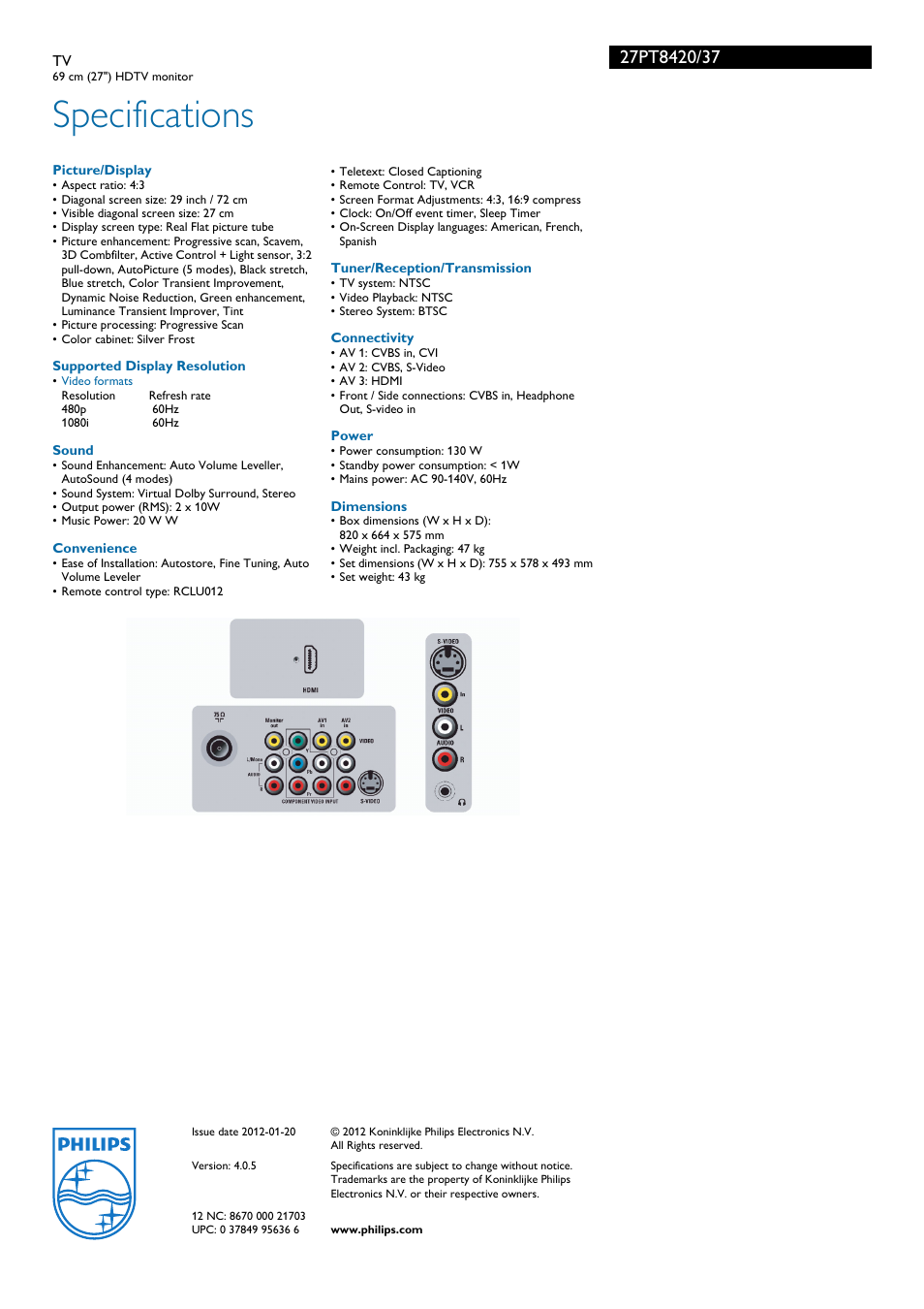 Specifications | Philips 27" HDTV monitor TV User Manual | Page 3 / 3