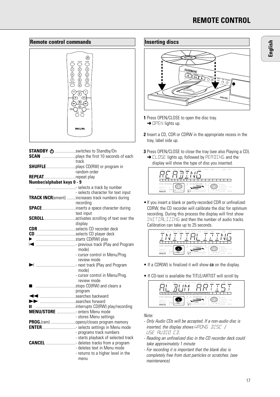 Remote control, English, Inserting discs | Remote control commands | Philips CDR778BK99 User Manual | Page 11 / 27