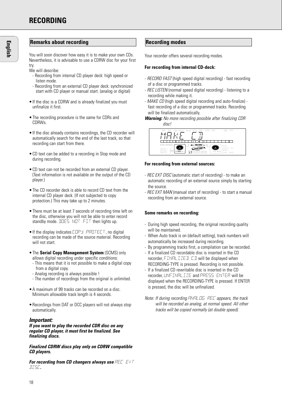 Recording, English, Important | Recording modes remarks about recording | Philips CDR778BK99 User Manual | Page 12 / 27