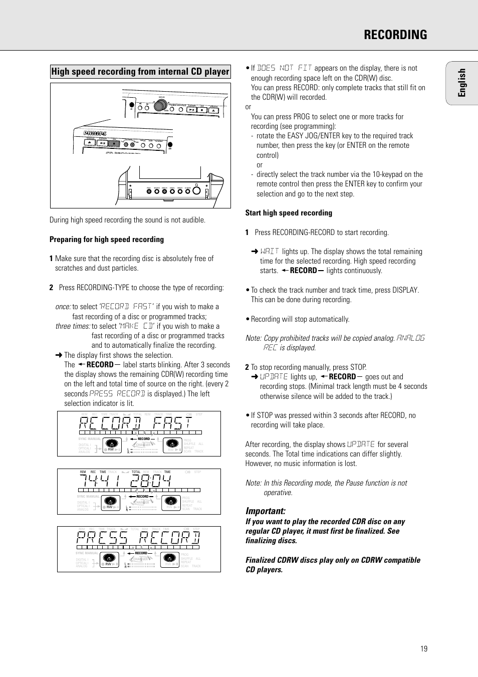 Recording, English, Important | High speed recording from internal cd player | Philips CDR778BK99 User Manual | Page 13 / 27