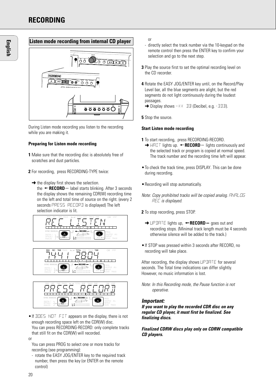 Recording, English, Important | Listen mode recording from internal cd player | Philips CDR778BK99 User Manual | Page 14 / 27