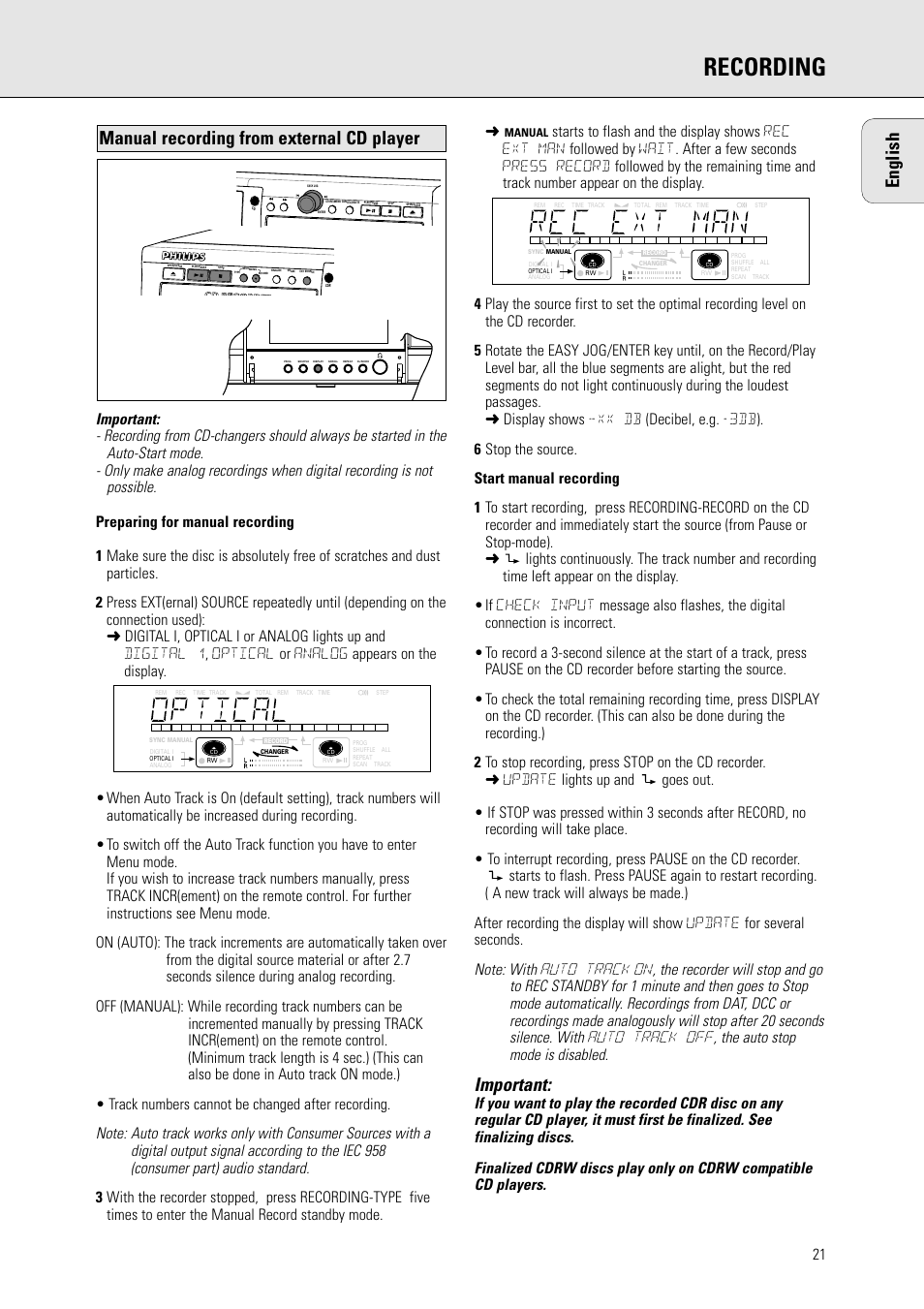 Recording, English, Important | Manual recording from external cd player | Philips CDR778BK99 User Manual | Page 15 / 27