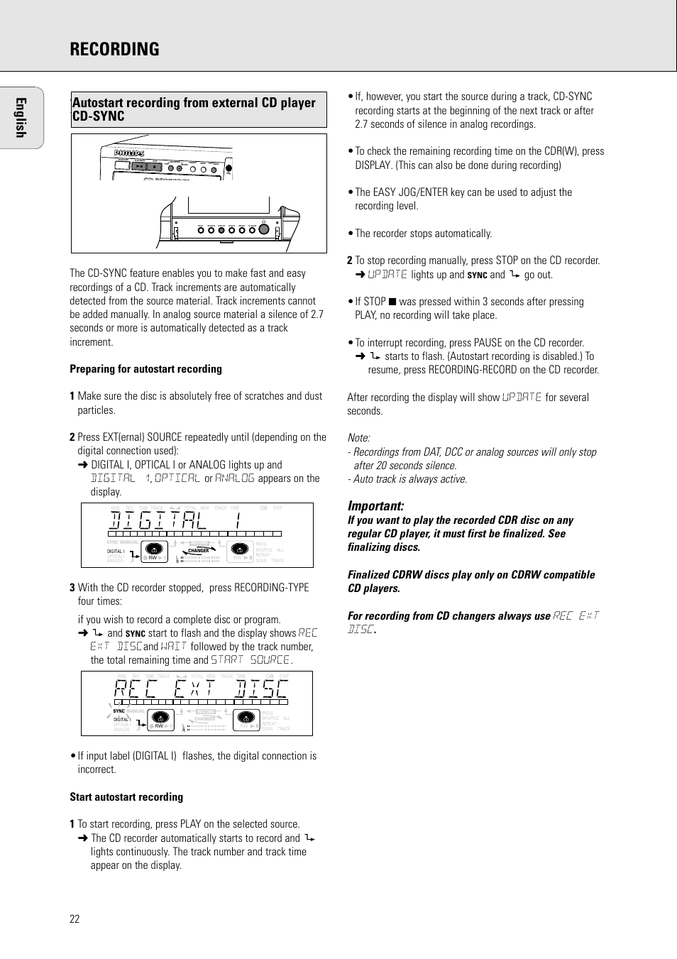 Recording, English, Important | Philips CDR778BK99 User Manual | Page 16 / 27