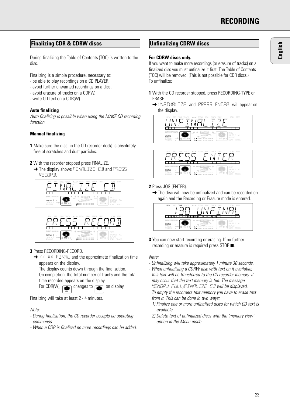 Recording, English, Unfinalizing cdrw discs | Finalizing cdr & cdrw discs | Philips CDR778BK99 User Manual | Page 17 / 27