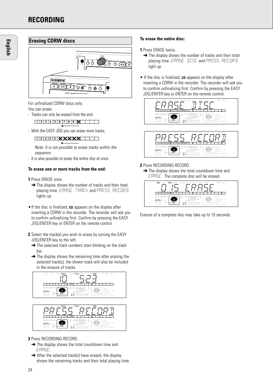 Recording, English, Erasing cdrw discs | Philips CDR778BK99 User Manual | Page 18 / 27