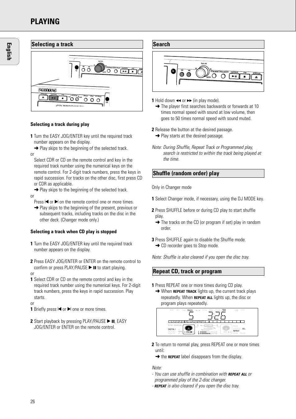 Playing, English, Search | Selecting a track, Or programmed play of the 2-disc changer, Is also cleared if you open the disc tray | Philips CDR778BK99 User Manual | Page 20 / 27