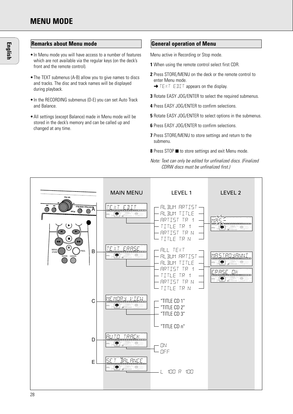 Menu mode, General operation of menu remarks about menu mode, English | Ab c d e, Kj 5 6 | Philips CDR778BK99 User Manual | Page 22 / 27